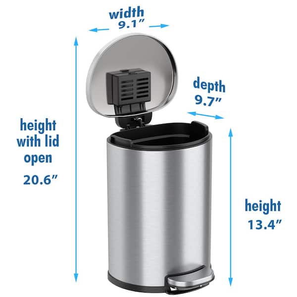 iTouchless SoftStep 2 Gallon Small Semi-Round Bathroom Step Trash Can with AbsorbX Odor Filter and Removable Inner Bucket, Stainless Steel, 7 Liter