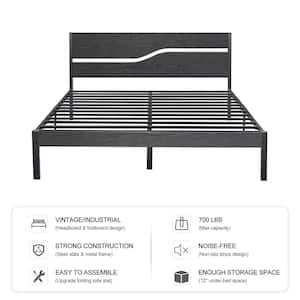 Platform Bed，Black Metal Bed Frame ，Queen Size Platform Bed with Wooden Headboard， Under Bed Storage，62.1 in. W