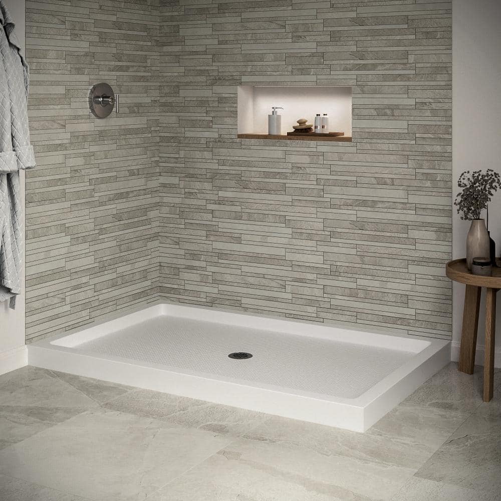 60'' Glossy White Rectangular Acrylic Shower Base with Center Drain