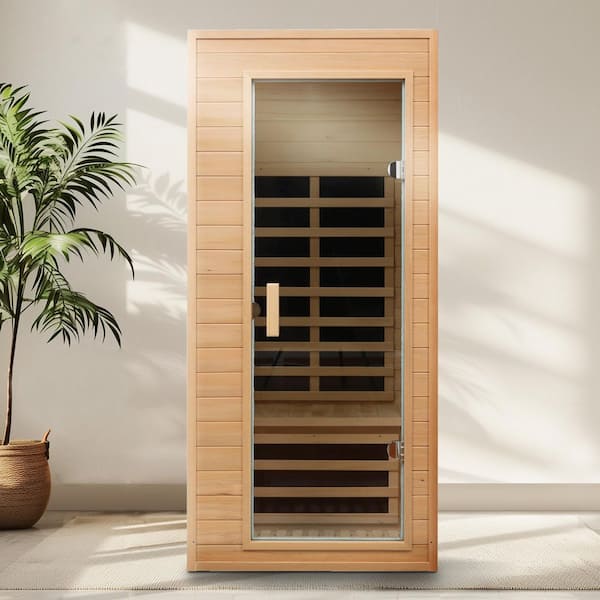 Hemlock 1-Person Far Infrared Indoor Sauna with 5 Heating Panels, Bluetooth Audio, LED Light, and LCD Control Panel
