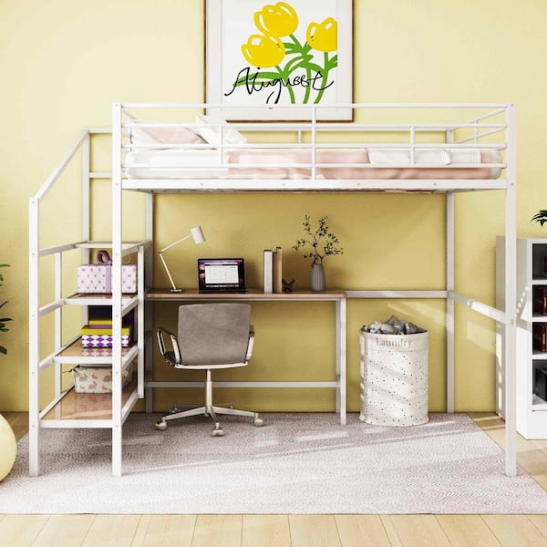 White Full Size Loft Bed with Desk and Lateral Storage Ladder