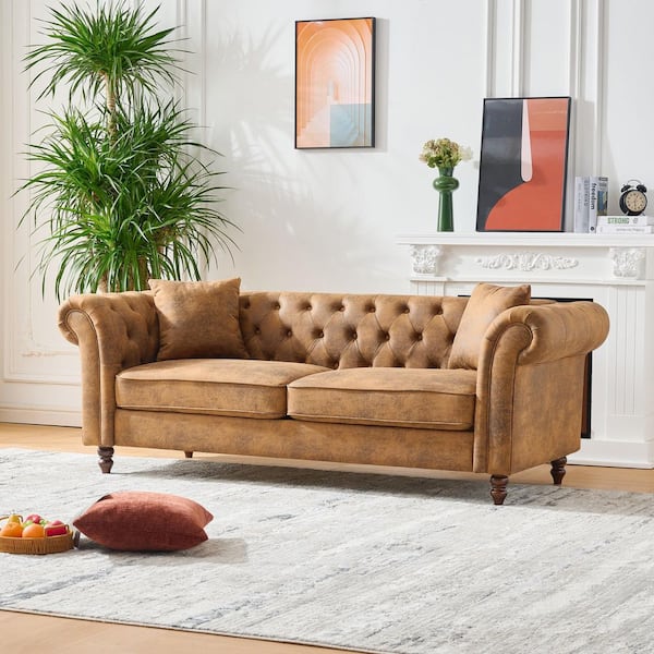 Seeds 83.25 in. Rolled Arm Fabric Rectangle Sofa in. Brown with Nailhead Trim, Pillows