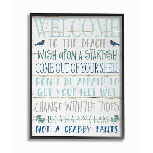 Stupell Industries 16 in. x 20 in. "Welcome to the Beach Blue Aqua and White Planked Look Sign Black Framed Wall Art" by Jennifer Pugh