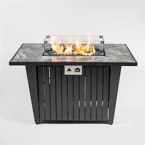Morden Steel Fire Pit Table with Marble Tile Tabletop Glass Wind Guard and Lid