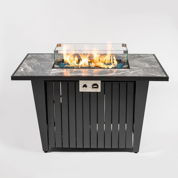 Morden Steel Fire Pit Table with Marble Tile Tabletop Glass Wind Guard and Lid