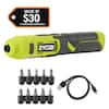 RYOBI 4V Cordless 1/4 in. Screwdriver Kit with Bit Accessories (10-Piece) and USB Cable FVD01KSB