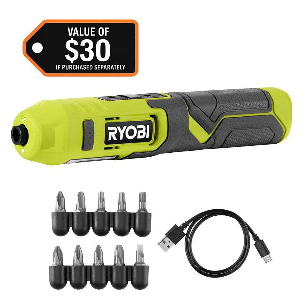 RYOBI 4V Cordless 1/4 in. Screwdriver Kit with Bit Accessories (10-Piece) and USB Cable FVD01KSB - The Home Depot
