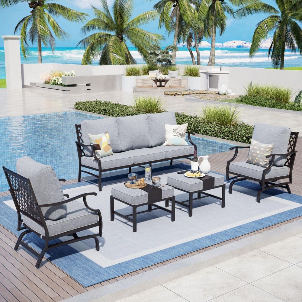 Black 5-Piece Metal Meshed 7-Seat Outdoor Patio Conversation Set with Gray Cushions, 2 Motion Chairs and 2 Ottomans price history on PriceWatchPro