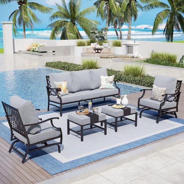 PHI VILLA Black 5-Piece Metal Meshed 7-Seat Outdoor Patio Conversation Set with Gray Cushions, 2 Motion Chairs and 2 Ottomans