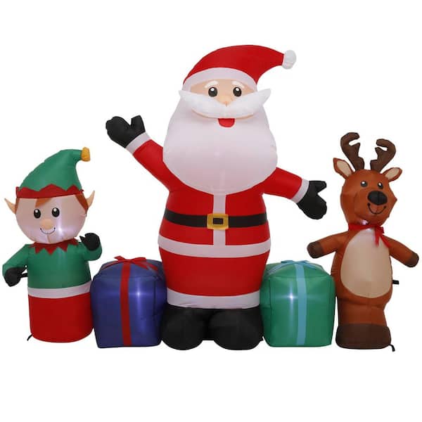 Home Accents Holiday 5 Ft Pre Lit Life Size Airn Inflatable Santa With Reindeer And Elf Scene 116877 - Christmas Elf Decorations Home Depot