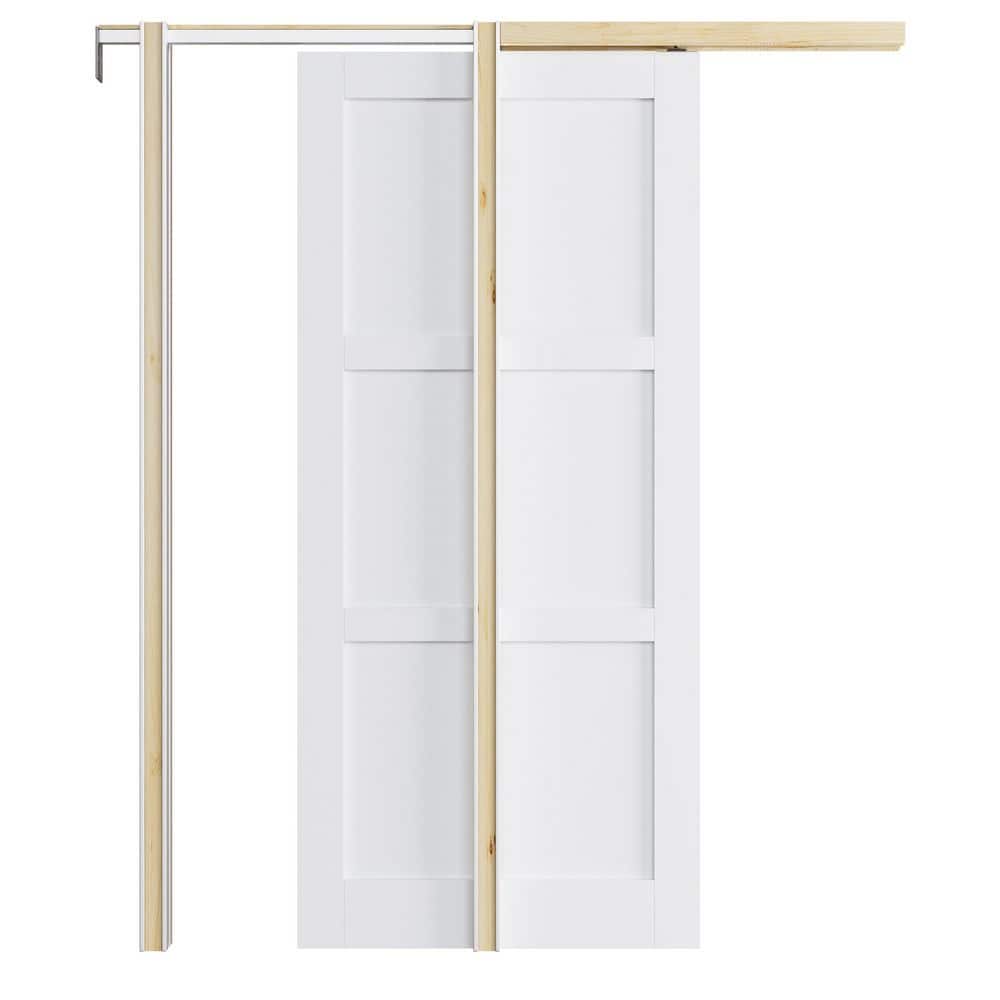 36 in. x 80 in. 3-Paneled White Primed Wood Sliding Pocket Door with Pocket Door Frame and Hardware Kit price history on PriceWatchPro