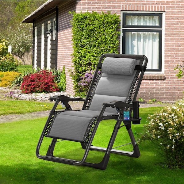 Folding Zero Gravity Chair Metal Frame Recliner Outdoor Lounge Chair with Side Tray, Adjustable Headrest, Gray Cushion