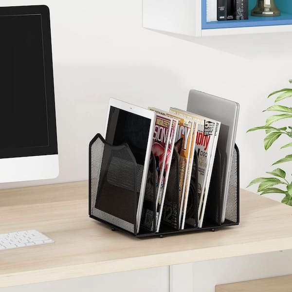 Black Metal Mesh Desktop File Sorter Organizer, 9.25 in. W x 11.22 in. H, 5-Section Bookshelf for Home Office