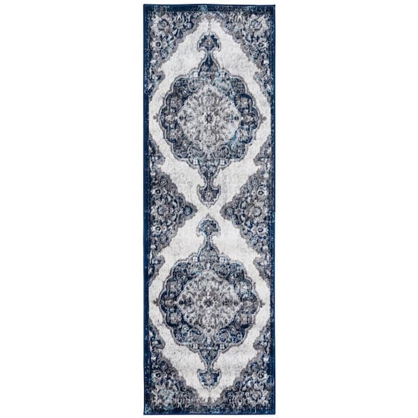 Amer Rugs Alexandria 2 ft.   x  6 ft.  Ivory/Navy Medallion Pattern Runner Rug for High Traffic Entryway Kitchen Hallway