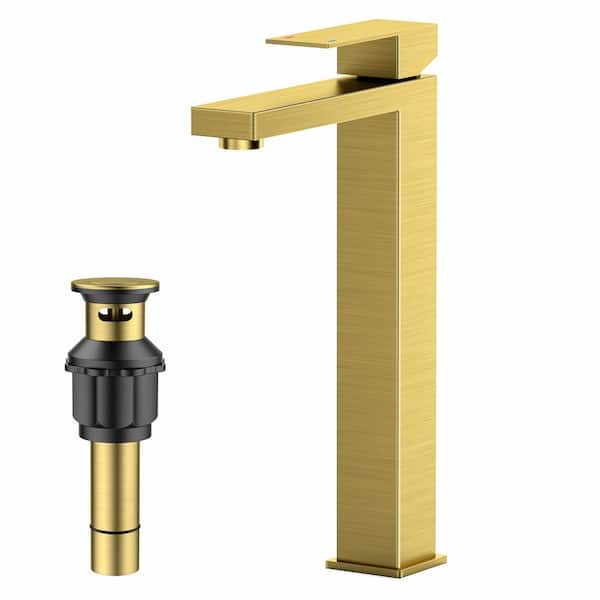 FURUISI Single Handle High-Arc Bathroom Faucet with Pop-Up Drain Included and Spot Resistant in Gold