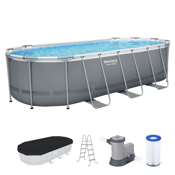 Power Steel 18 ft. x 9 ft. Oval 48 in. Deep Above Ground Pool Set