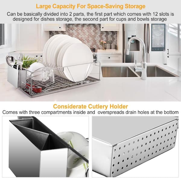 Dish Drying Rack Stainless Steel Dish Rack Organizer w/Drainboard Cutlery  Holder