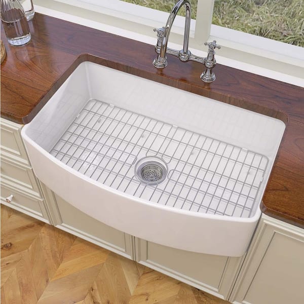 Staykiwi 30 in. Farmhouse Single Bowl Gloss White Fireclay Kitchen Sink with Bottom Grids