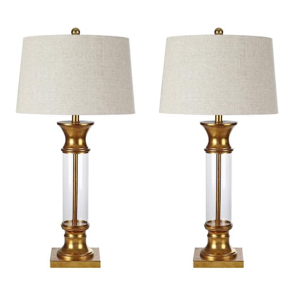 Metal Glass Table Lamp Gold Leaf Set, Gold 24 Inch Emma Clear Glass Table Lamps For Bedroom