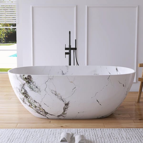 63 in. x 30 in. Stone Resin Solid Surface Flatbottom Freestanding Soaking Bathtub in White with Marble Water Transfer