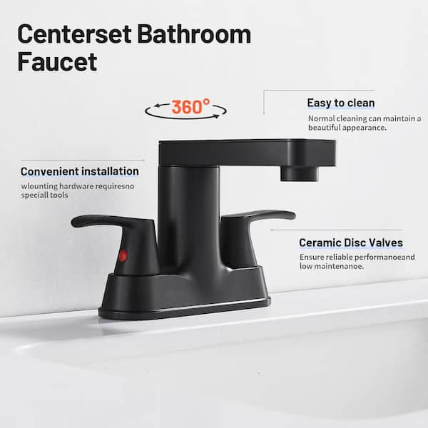 Rotatable 4 in. Centerset Double Handle Bathroom Faucet with Drain Kit Included in Matte Black