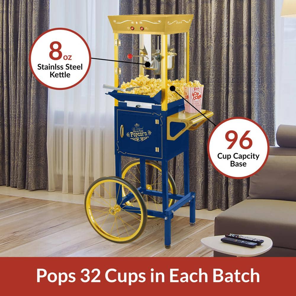 Navy and Gold Vintage Popcorn Cart with 8-Ounce Kettle