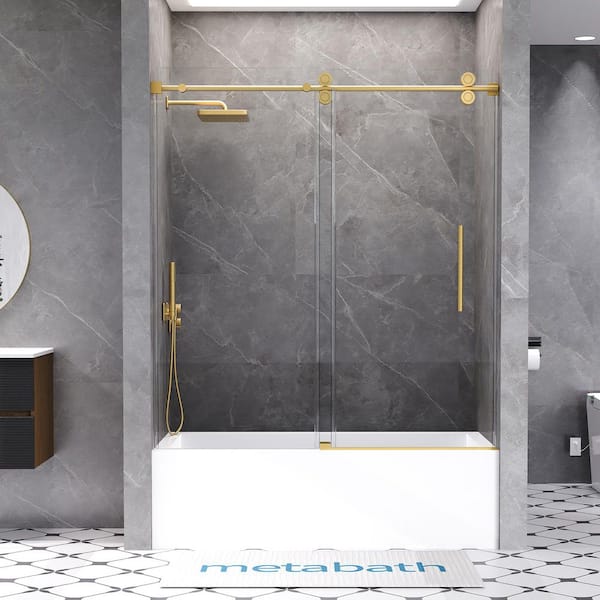 Feelive 56 to 60 in. W x 66 in. H Single Sliding Frameless Tub Door in Brushed Gold with 5/16 in. Tempered Clear Glass