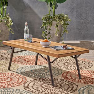 Canoga Rectangular Teak Brown Wood and Rustic Metal Outdoor Coffee Table