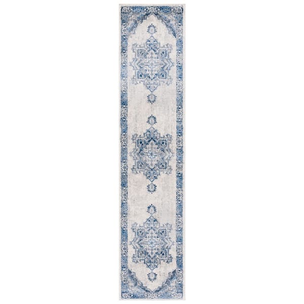 Brentwood 2 ft. x 9 ft. Blue/Light Gray Floral Medallion Ornate Runner Rug