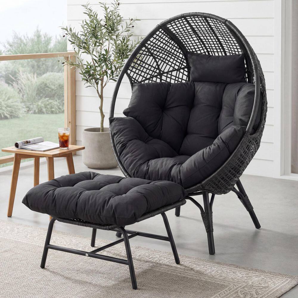 Unbranded PE Wicker Indoor/Outdoor Lounge Egg Chair with Dark Gray Cushion and Ottoman for Patio Porch Balcony HD-EC-DG-GRT-DG201