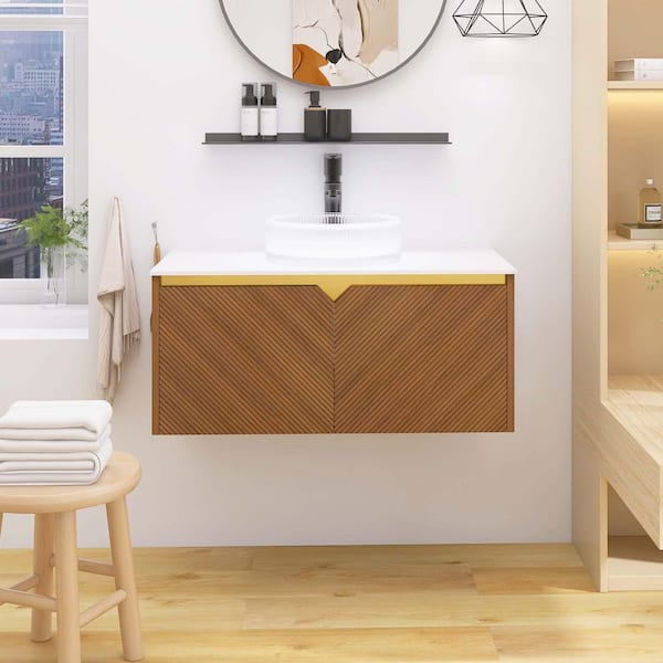 Yingze 36 in. Wall Mounted Single Sink Brown Oak Bath Vanity with
