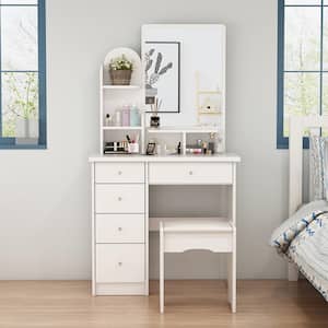 5-Drawers Wood Dresser Makeup Vanity Sets in White With Stool, Mirror (55.1 in. H x 31.5 in. W x 15.7 in. D)