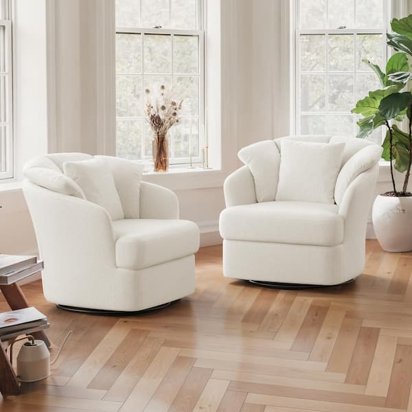 LUE BONA Rowena Oversized Beige Upholstered Fabric Swivel Accent Chair with Double Cushion Swivel Arm Chair (Set of 2)