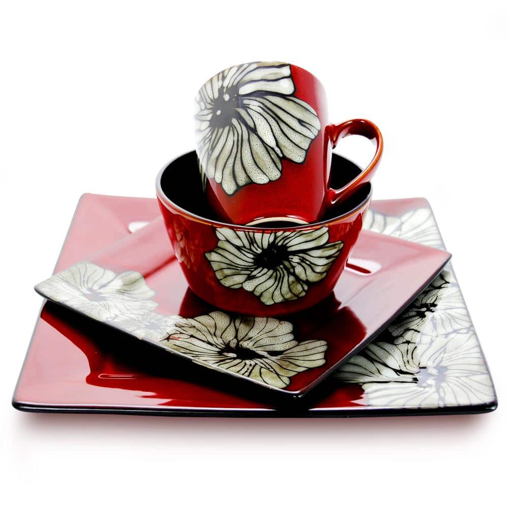 Red Ceramic Square Dinnerware Set with White Flower Accents, Service for 4