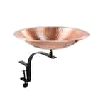 19 in. W Round Satin Hammered Solid Copper Birdbath Bowl with Black Wrought Iron Rail Mount Bracket