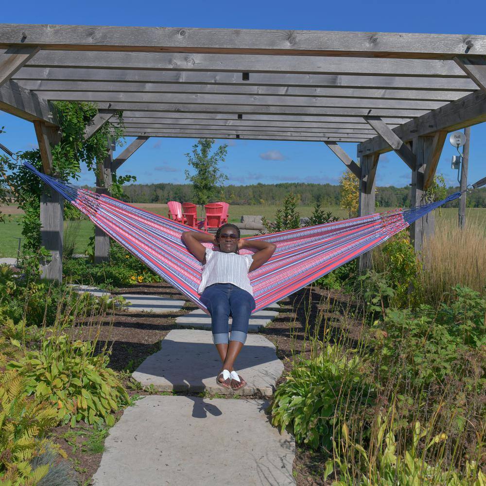 Latin Double Cotton Hammock in Vibrant Red and Blue Stripes