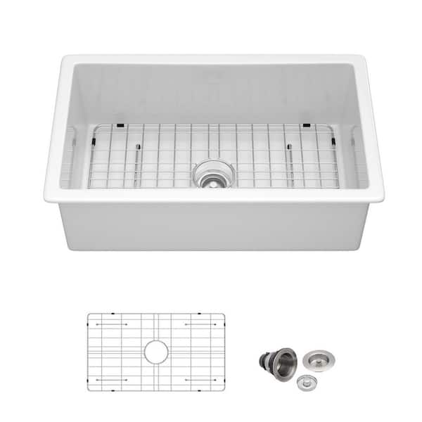 30 in. x 18 in. White Fireclay Rectangular Single Bowl Undermount/Drop In Kitchen Sink with Bottom Grids