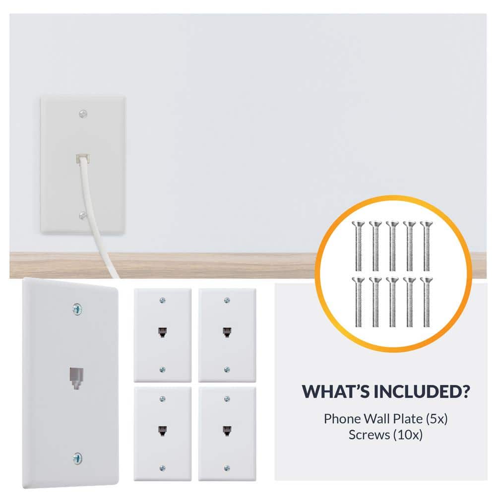 White Single Gang Plastic Telephone Jack Wall Plate, 5-Pack