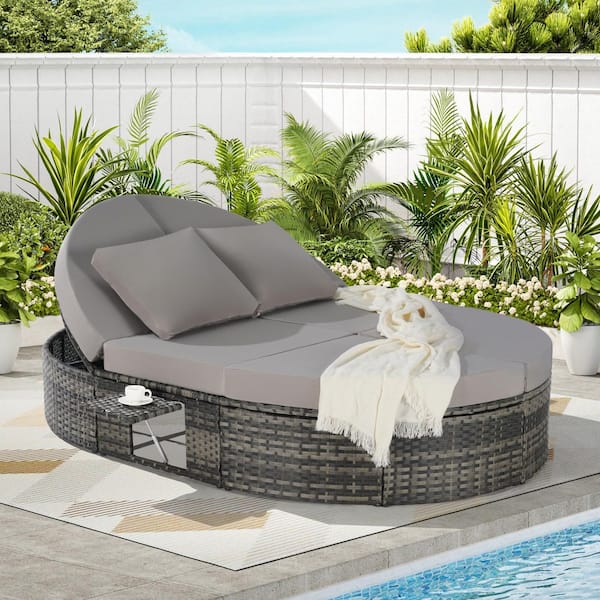 Sudzendf Gray Wicker Outdoor Day Bed with Light Gray Cushions, Pillows, Adjustable Backrests and Foldable Cup Trays