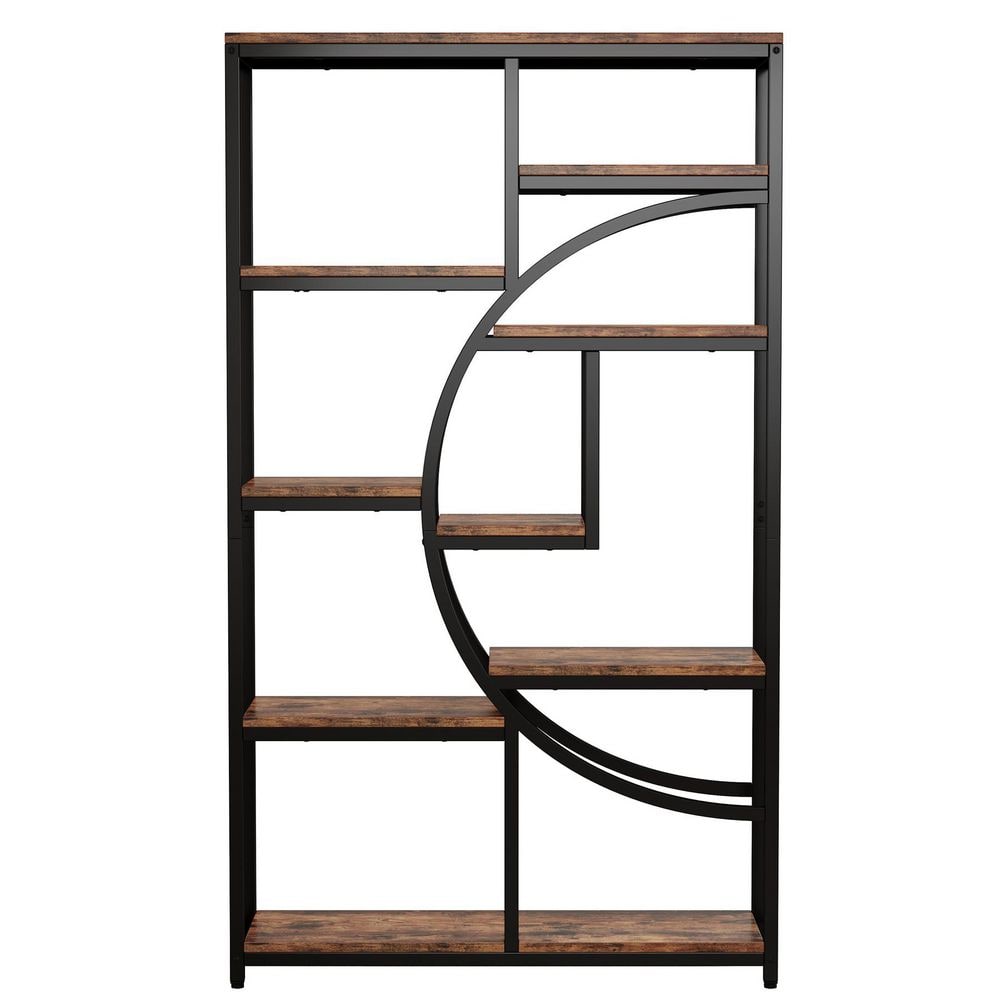 Eulas 68.89 in. Tall Brown Wood 9-Shelf Standard Bookcase Freestanding Industrial 5-Tier Etagere Bookshelf with Storage