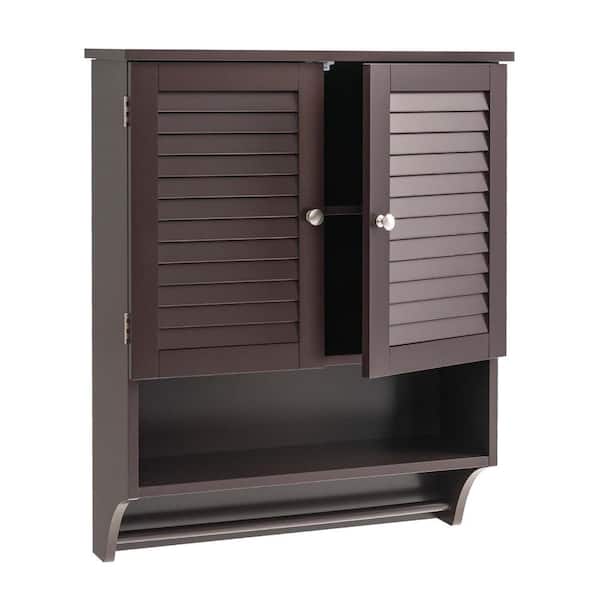 Costway 23 in. W x 9 in. D x 30 in. H Bathroom Storage Wall Cabinet in Espresso with Louvered Doors and Towel Bar