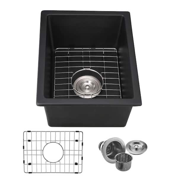 Matte Black Granite Composite 13.77 in. Undermount Bar Sink With Bottom Grids