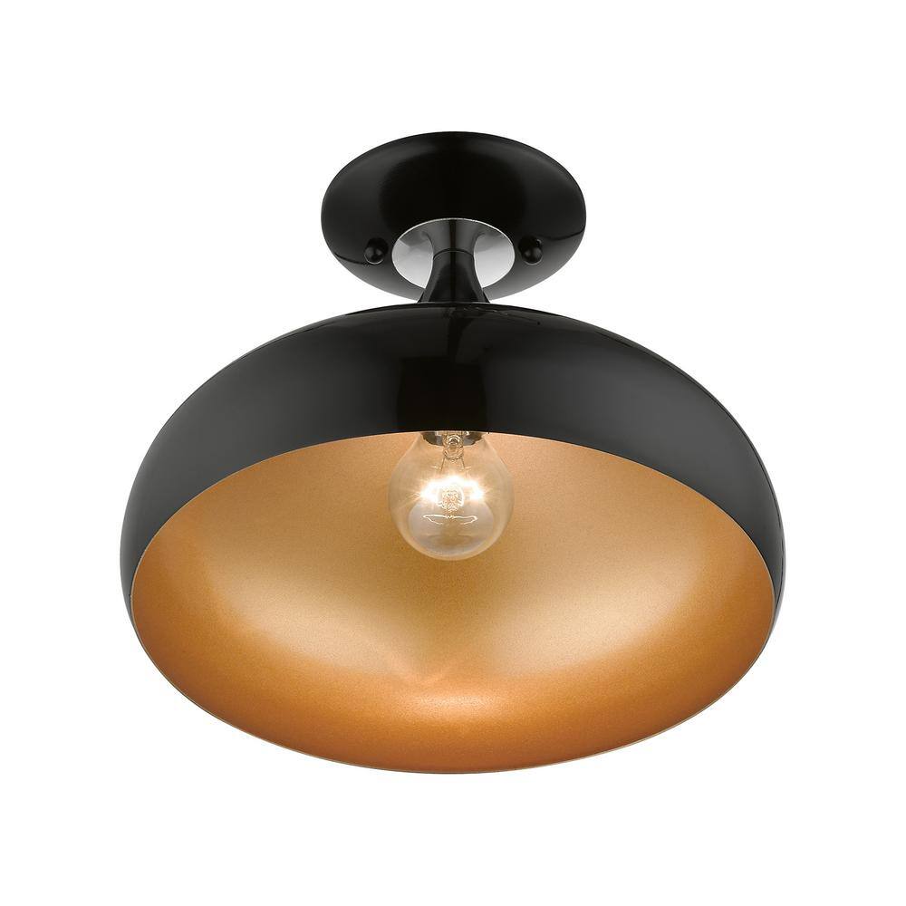 Amador Transitional 1-Light Semi-Flush Mount in Shiny Black with Gold Interior