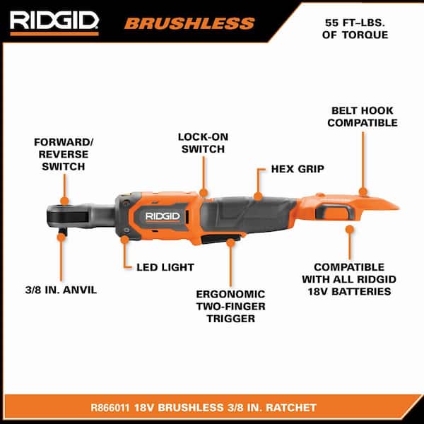 RIDGID R866011B 18V Brushless Cordless 3/8 in. Ratchet (Tool Only) - 3