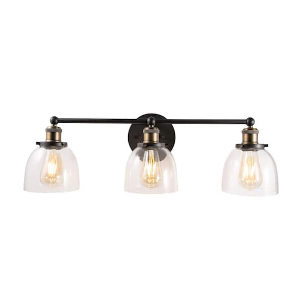 Evelyn 26.75 in. 3-Light Artisan Bronze Industrial Vanity with Clear Glass Shades
