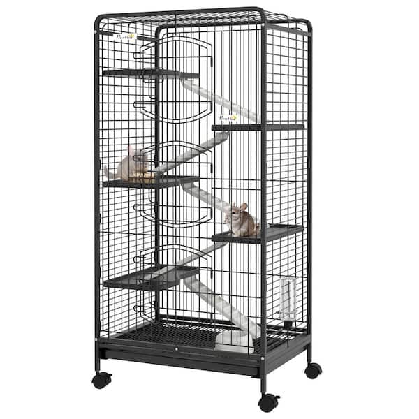 6 Level Small Animal Cage for Dwarf Rabbits, Pet Minks, and Chinchillas Removable Tray, Ramp, Water Bottle, Black