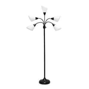 67 in. 5-Light Black and White Adjustable Gooseneck Floor Lamp with Plastic Shades