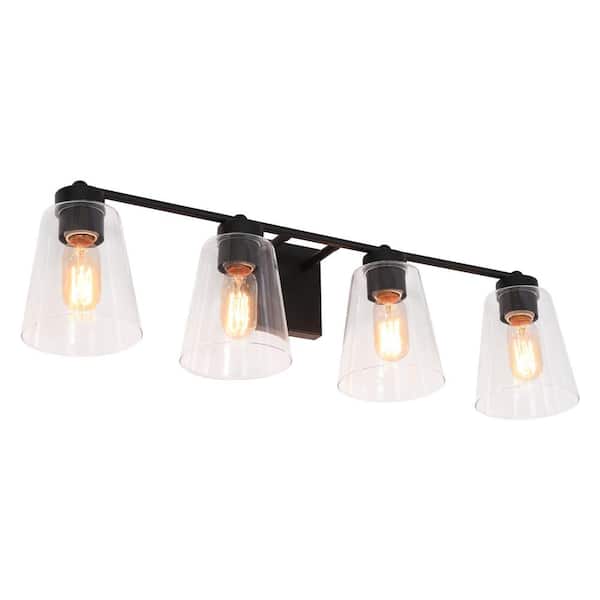 Uolfin Modern Bell Bathroom Room Vanity Light 4-Light Black Industrial Wall Sconce with Clear Glass Shades