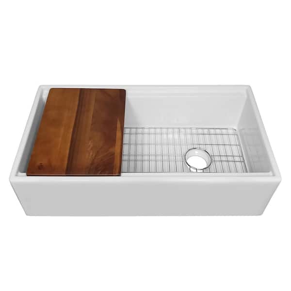36 in. Front Apron Single Bowl Fireclay Kitchen Sinks with Walnut Wood Cutting Board and Stainless-Steel Grid