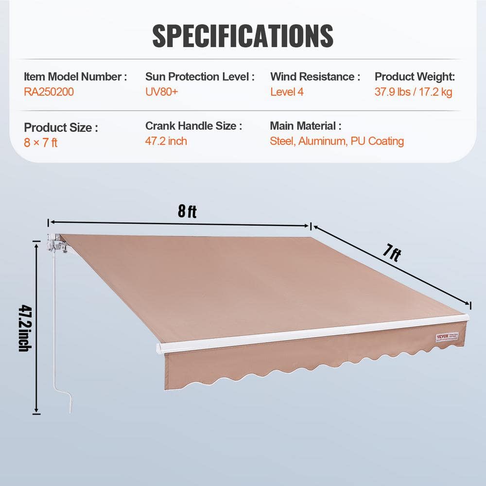 VEVOR 8 x 7 ft Beige Polyester Retractable Patio Awning